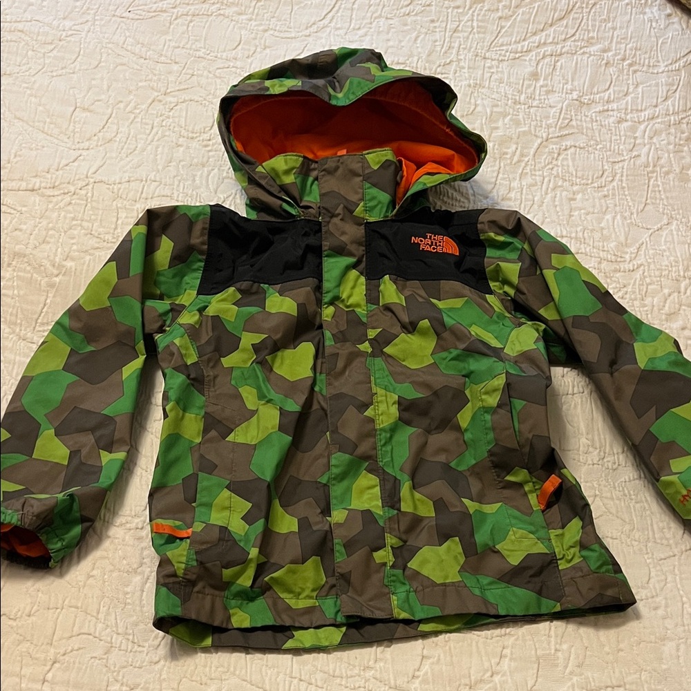 The North Face Green and Orange Camouflage Jacket- size 5